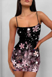 Sexy Print Patchwork Backless Spaghetti Strap Sling Dresses