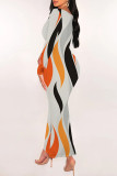 Casual Geometric Print Snakeskin Print Contrast O Neck One Step Skirt Dresses