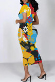 Casual Geometric Print Graffiti Print Contrast O Neck One Step Skirt Short Sleeve Dress