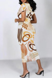 Casual Geometric Print Graffiti Print Contrast O Neck One Step Skirt Short Sleeve Dress