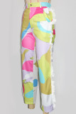 Casual Print Fringed Trim Buttons Patchwork Zipper Loose High Waist Wide Leg Positioning Print Bottoms