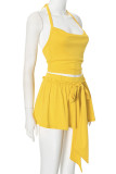 Sexy Solid Color Patchwork Backless Ruched Strap Design Halter Sleeveless Two Pieces