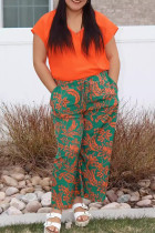 Casual Print Draw String Pocket Patchwork V Neck Plus Size Two Pieces