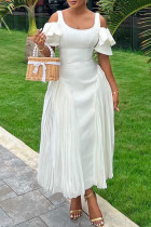 Elegant Solid Color Patchwork Backless Zipper Pleated Ruffled Trim U Neck A Line Dresses