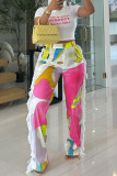 Casual Print Fringed Trim Buttons Patchwork Zipper Loose High Waist Wide Leg Positioning Print Bottoms