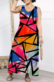 Casual Geometric Print Pocket Contrast O Neck Loose Jumpsuits