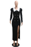 Casual Patchwork Slit Turndown Collar Long Dresses
