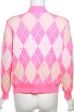 Casual Plaid Buttons Patchwork V Neck Long Sleeve Two Pieces