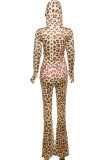 Sexy Leopard Print Patchwork Zipper Zipper Collar Long Sleeve Two Pieces