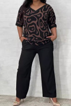 Casual Print Pocket Patchwork V Neck Plus Size Two Pieces