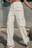 Casual Solid Color Pocket Buttons Patchwork Zipper Mid Waist Straight Patchwork Bottoms