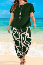 Casual Print Patchwork O Neck Plus Size Two Pieces