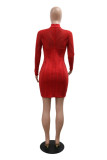 Sexy Hot Solid Color Patchwork See-Through Hot Drill Turtleneck Wrapped Skirt Dresses