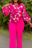 Casual Print Patchwork Strap Design O Neck Long Sleeve Two Pieces