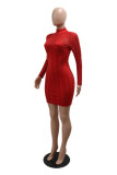 Sexy Hot Solid Color Patchwork See-Through Hot Drill Turtleneck Wrapped Skirt Dresses