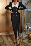 Casual Patchwork Slit Turndown Collar Long Dresses
