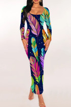 Sexy Print Patchwork U Neck Wrapped Skirt Dresses