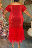 Elegant Solid Color Patchwork Backless Mesh Zipper Off Shoulder Wrapped Skirt Plus Size Dresses