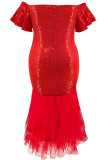 Elegant Solid Color Patchwork Backless Mesh Zipper Off Shoulder Wrapped Skirt Plus Size Dresses