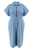 Casual Solid Color Pocket Patchwork Zipper Turndown Collar Long Plus Size Dresses