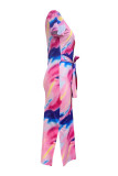 Sexy Print Patchwork High Slit Strap Design O Neck Wrapped Skirt Dresses