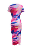 Sexy Print Patchwork High Slit Strap Design O Neck Wrapped Skirt Dresses