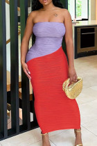 Sexy Patchwork Backless Contrast Strapless Long Dresses