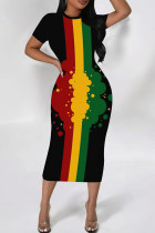 Casual Print Patchwork O Neck Wrapped Skirt Dresses