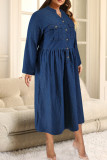 Street Solid Color Pocket Buckle Patchwork Ruched Turndown Collar Long Plus Size Dresses