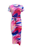 Sexy Print Patchwork High Slit Strap Design O Neck Wrapped Skirt Dresses
