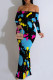 Elegant Splashed ink printing Contrast Off Shoulder One Step Skirt Dresses