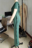 Casual Solid Color Fringed Trim Patchwork O Neck Short Sleeve Two Pieces
