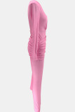 Casual Solid Color Patchwork Ruched V Neck Skinny Jumpsuits