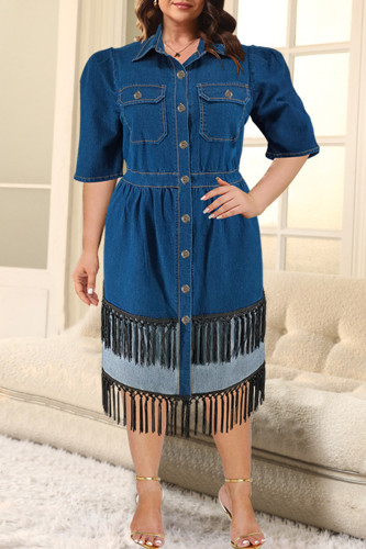Street Solid Color Fringed Trim Pocket Buckle Patchwork Turndown Collar Long Plus Size Dresses