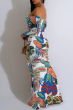 Elegant Geometric Print Tropical Print Contrast Off Shoulder One Step Skirt Dresses