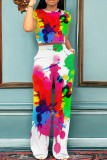 Casual Print Pocket Patchwork O Neck Short Sleeve Two Pieces