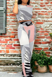 Casual Colorblock Print Pocket Contrast O Neck Short Sleeve Two Pieces
