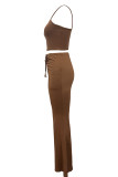 Casual Solid Color Patchwork Backless Ruched Strap Design Spaghetti Strap Sleeveless Two Pieces