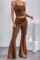 Casual Solid Color Patchwork Backless Ruched Strap Design Spaghetti Strap Sleeveless Two Pieces