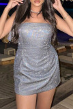 Sexy Solid Color Patchwork Backless Sequined Strapless Wrapped Skirt Dresses