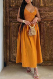 Elegant Solid Color Patchwork Backless Ruched Spaghetti Strap Sling Dresses