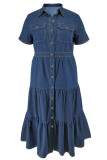 Street Solid Color Pocket Buckle Patchwork Ruched Turndown Collar Cake Skirt Plus Size Dresses
