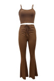 Casual Solid Color Patchwork Backless Ruched Strap Design Spaghetti Strap Sleeveless Two Pieces