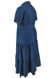 Street Solid Color Pocket Buckle Patchwork Ruched Turndown Collar Cake Skirt Plus Size Dresses
