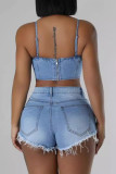 Sexy Solid Color Pocket Buttons Patchwork Backless Pearls Decor Zipper Spaghetti Strap Sleeveless Two Pieces
