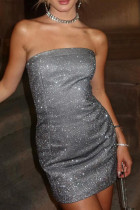 Sexy Solid Color Patchwork Backless Sequined Strapless Wrapped Skirt Dresses