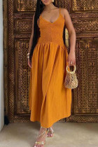 Elegant Solid Color Patchwork Backless Ruched Spaghetti Strap Sling Dresses