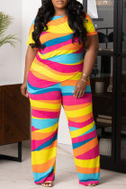 Casual Print Patchwork Contrast O Neck Plus Size Two Pieces