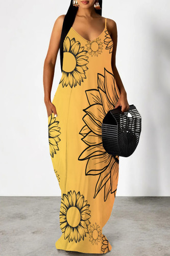 Sexy Floral Print Pocket Contrast V Neck Printed Dresses