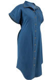 Casual Solid Color Buckle Patchwork Turndown Collar Straight Plus Size Dresses